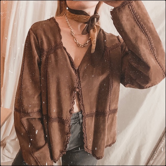 Jackets & Blazers - Brown vintage suede leather crotchet trim jacket
